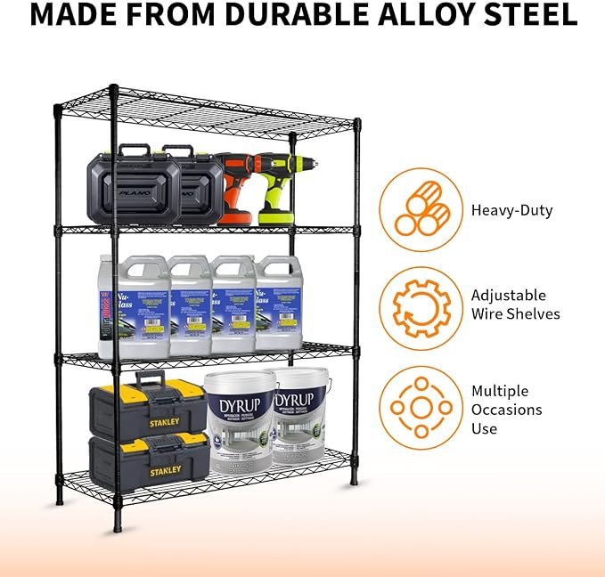 Heavy-Duty Black 4 Tiers Steel 36x14x54 Wire Shelving NSF Certified. Adjustable - Image 4