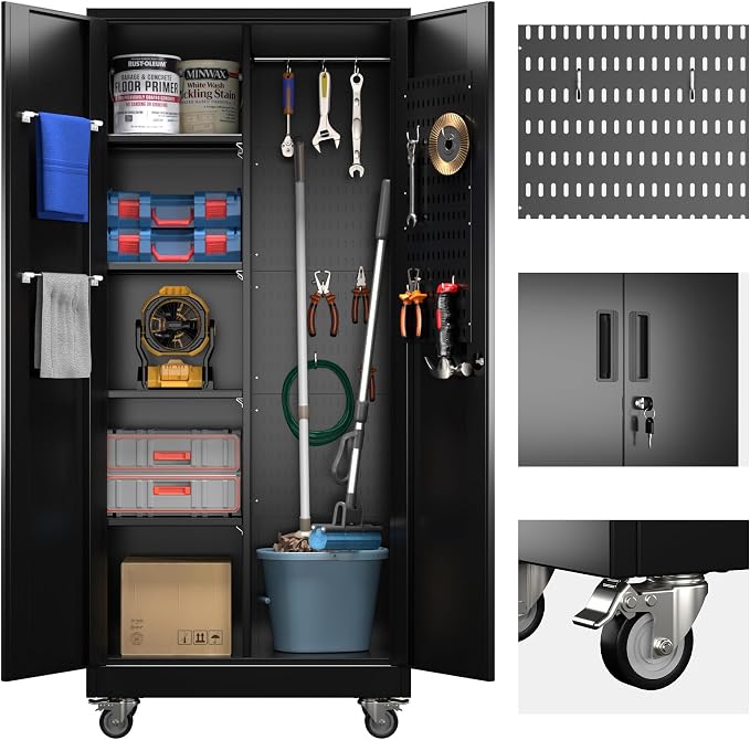 Garage Storage Cabinet with Wheels and 5 Pegboard, Broom Closet Storage Cabinet by GANGMEIMENTALSTORAGECABINET