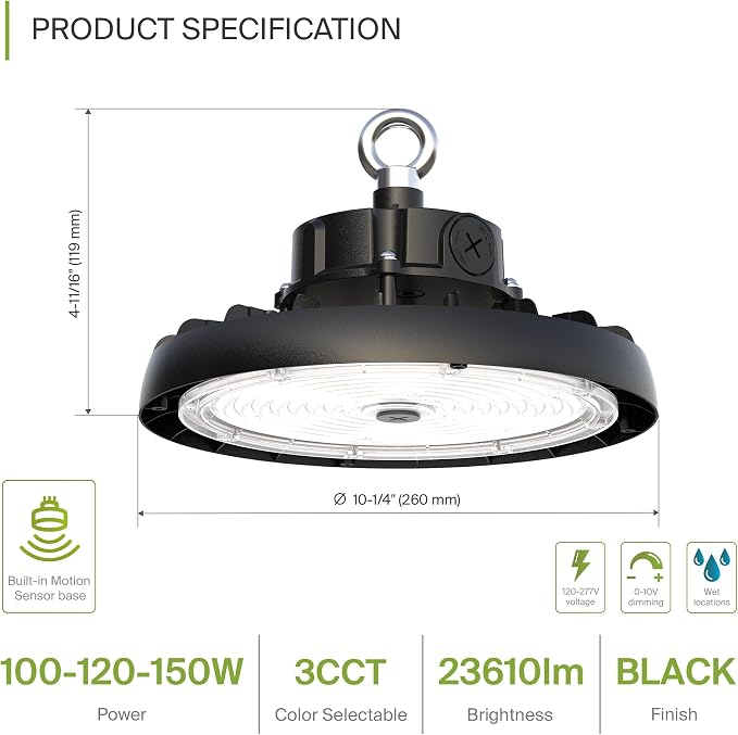 ASD LED High Bay UFO Light Fixture, Commercial Shop Lighting | 3CCT, IP69K - Image 2