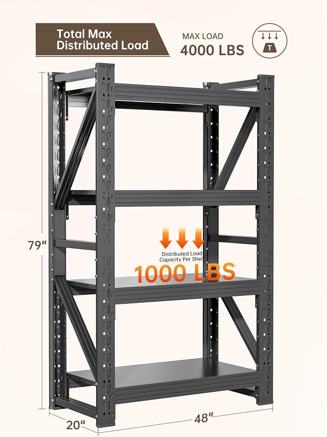 4-Tier Storage Shelves, Adjustable Industrial Metal Shelf System, 000lbs - Image 3