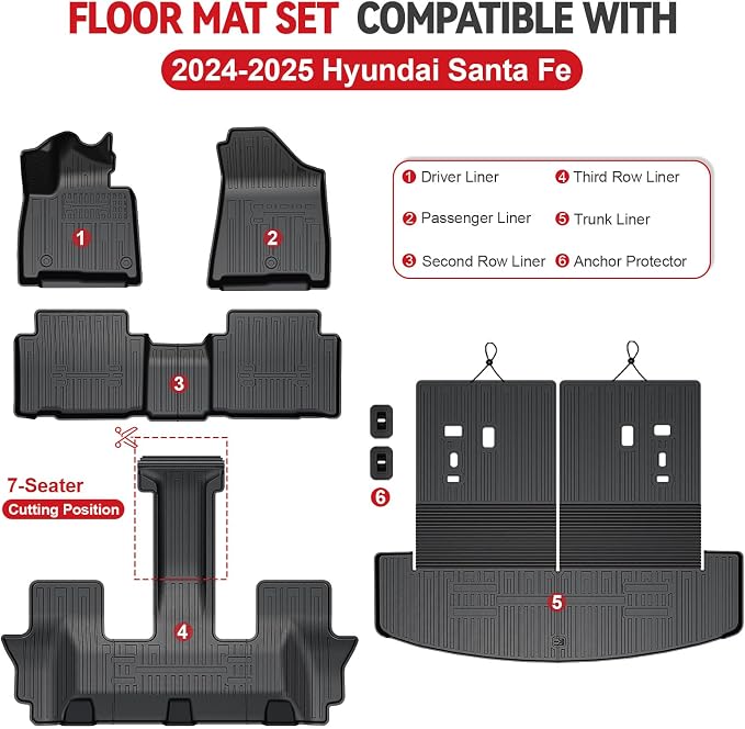 Floor Mats for 2024 2025 2026 Hyundai Santa Fe 6-Seat/7-Seat, All Weather TPE - Image 9