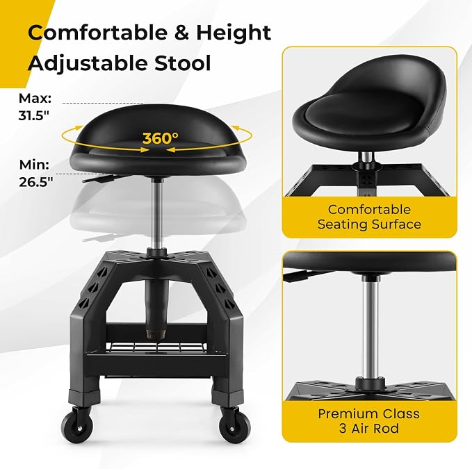 S AFSTAR Shop Stool with Wheels, Height Adjustable Garage Stool with 4 - Image 4