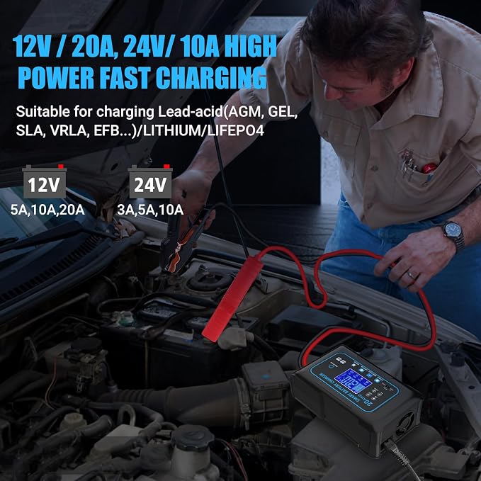 20-AMP Car Battery Charger, 12V 20A and 24V 10A Smart Automotive Charger - Image 4