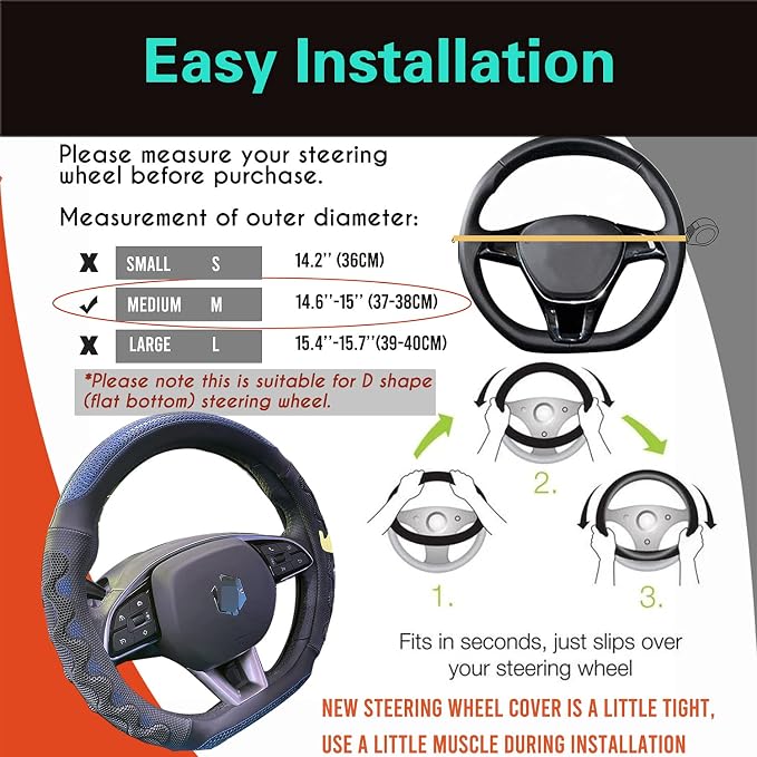 PINCTROT D Shaped 14.5-15 Inch Steering Wheel Cover Great Grip - Image 6