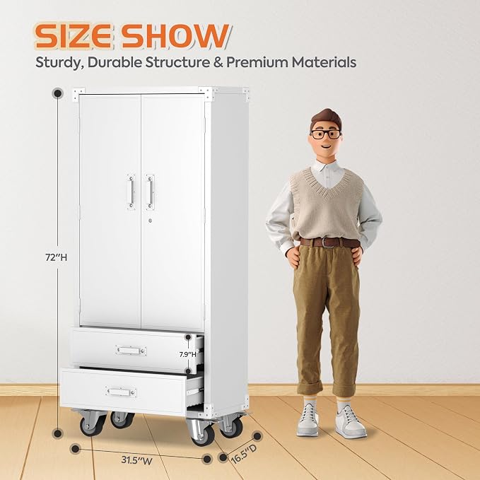 Rolling Storage Cabinet with 2 Doors and 2 Drawers, Heavy Duty Metal Storage - Image 3