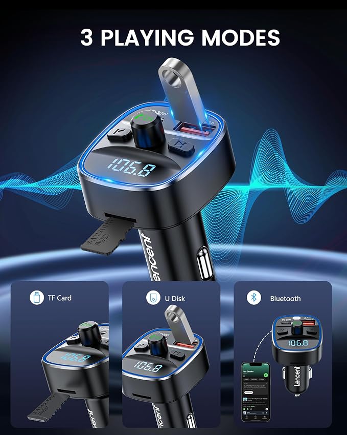 LENCENT Bluetooth 5.4 FM Transmitter Car Adapter 48W Wireless Radio Music - Image 4