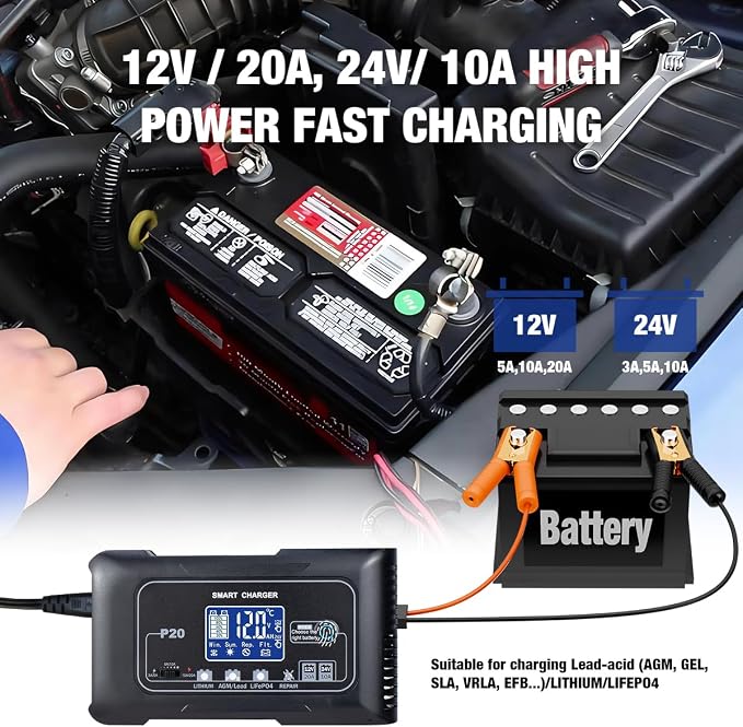 20A Smart Battery Charger 12V/24V, Automatic Charger & Maintainer - Image 6