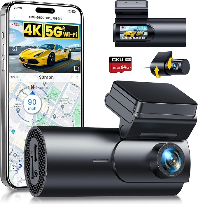 GKU Dash Cam Front and Rear Camera, 5.8GHz WiFi & GPS Dash Camera by GKUdashcam