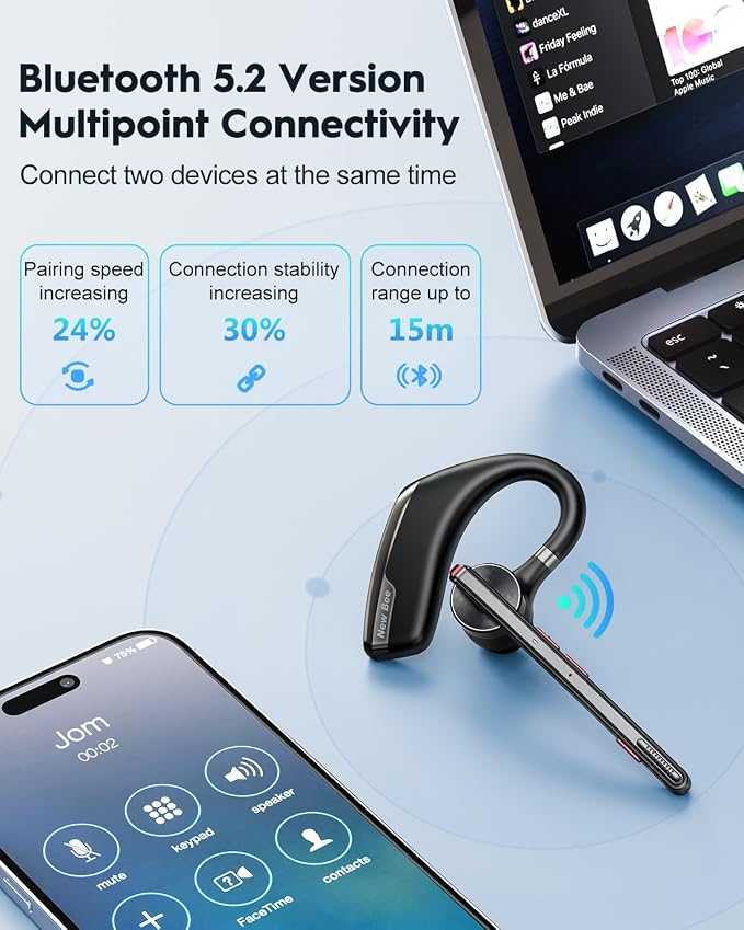 New bee Bluetooth Headset, Wireless Bluetooth Earpiece - Image 6