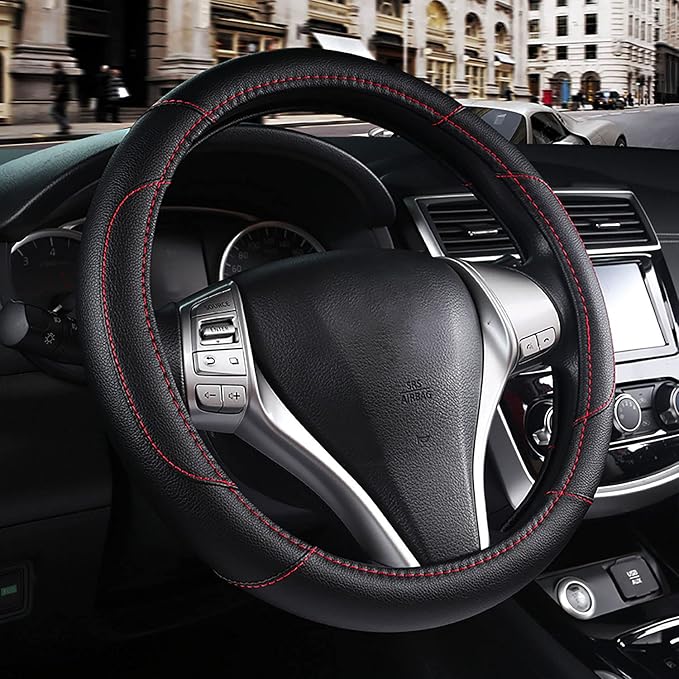 Leather Car Steering Wheel Cover, Non-Slip Car Wheel Cover Protector Breathable by Szttswamp