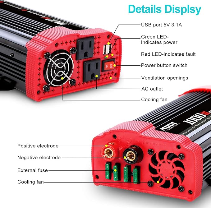 1000W Car Power Inverter, DC 12V to AC 110V Car Inverter - Image 3