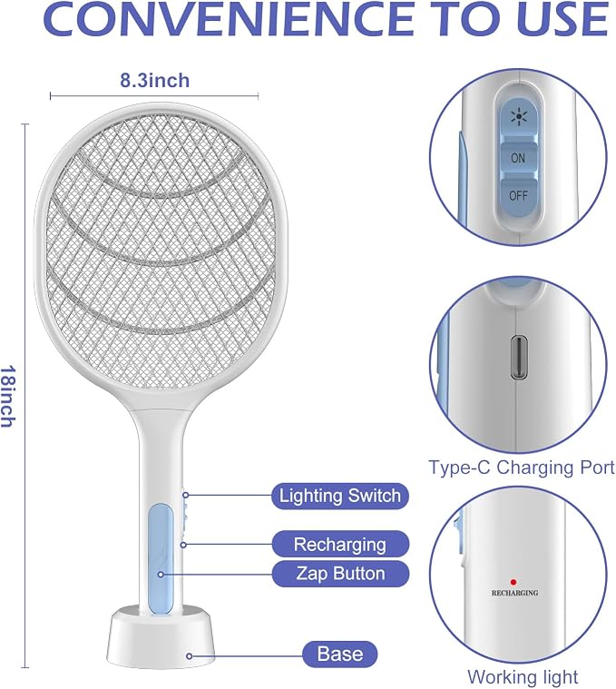 Bug Zapper 2 Pack, VANELC Electric Fly Swatter Racket Fly Zapper, 3000 Volt USB - Image 6