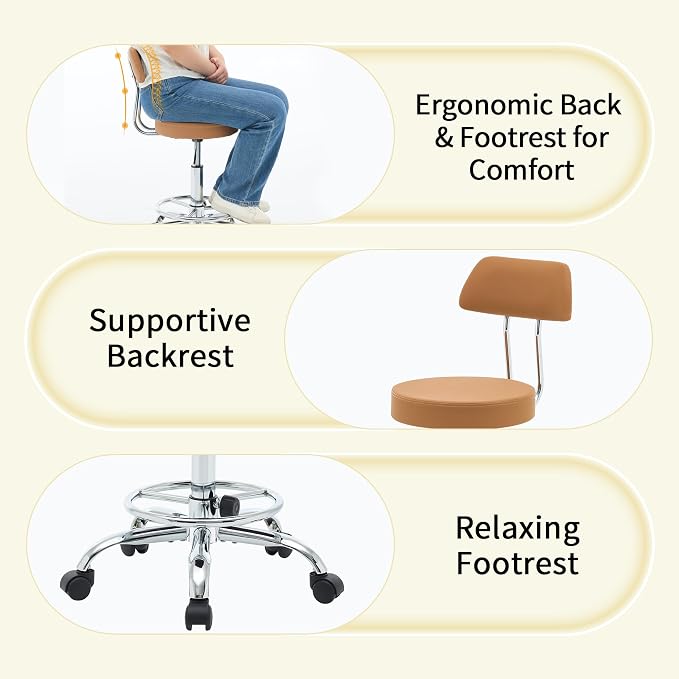 Rolling Stool with Back, Adjustable Tattoo Rolling Chair 19.5’’-26.6’’ - Image 5