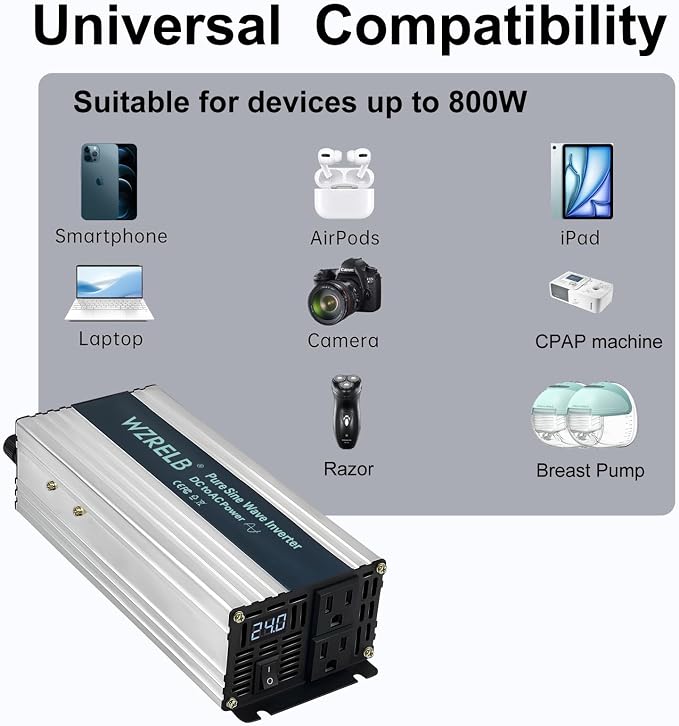 WZRELB 800W Pure Sine Wave Inverter 24V DC to 110V 120V AC Power Converter - Image 6