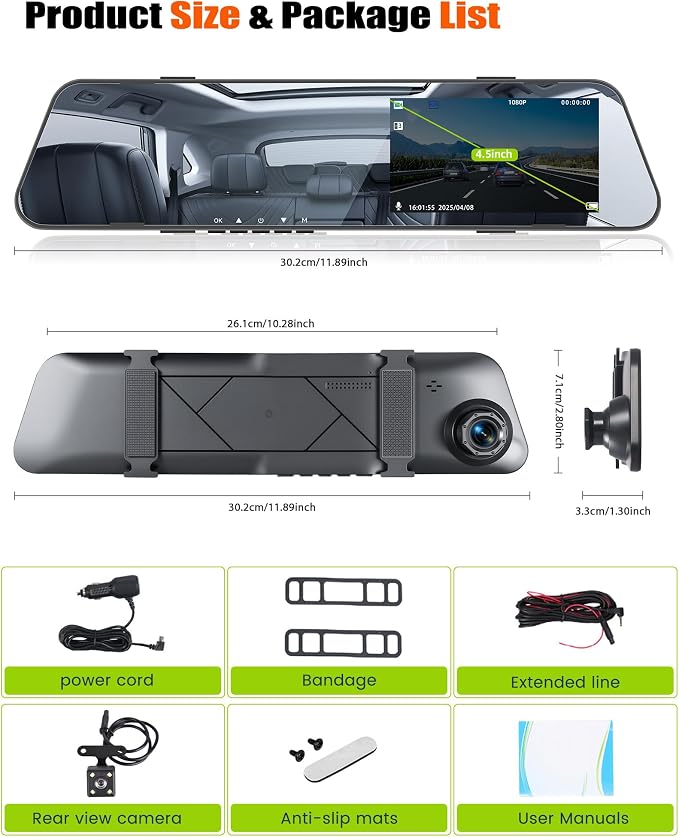 Mirror Dash Cam for Cars, 4.5 Inch Rear View Mirror 1080P Front and Rear View - Image 8