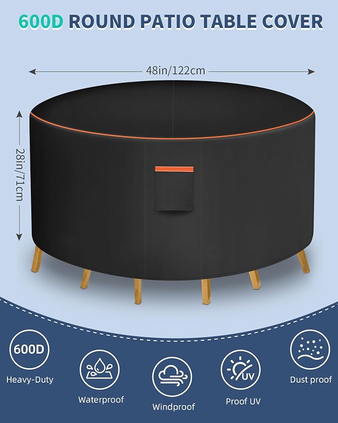 Round Patio Furniture Cover, 48 Inch Diameter Waterproof 600D Heavy Duty Table - Image 2