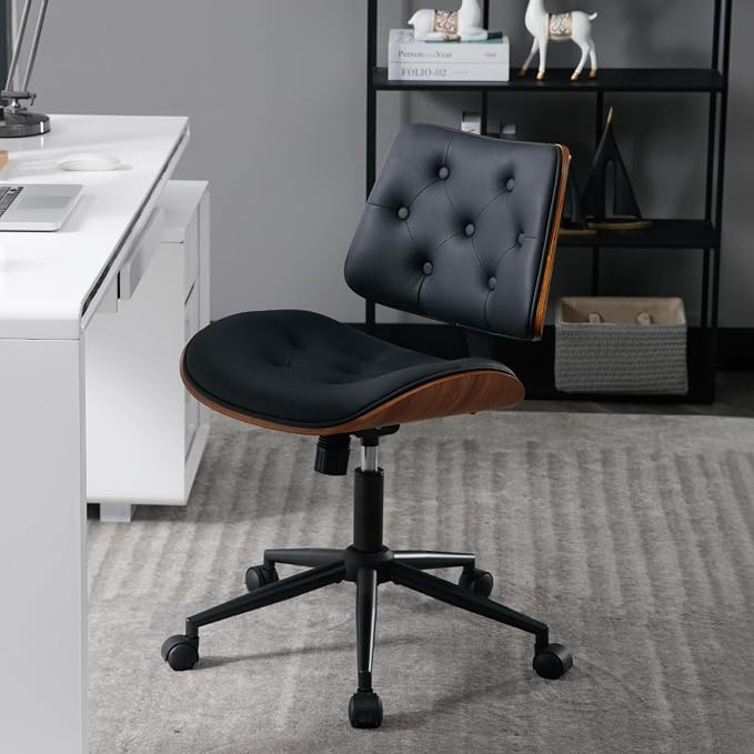 Armless Home Office Chair with Wheels, PU Leather Adjustable Height Computer - Image 4