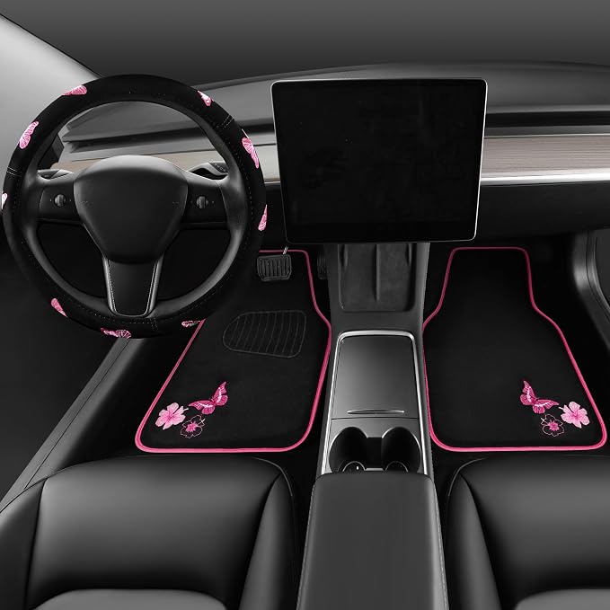 CAR PASS Embroidery Butterfly Steering Wheel Cover and Waterproof Car Floor Mats - Image 2