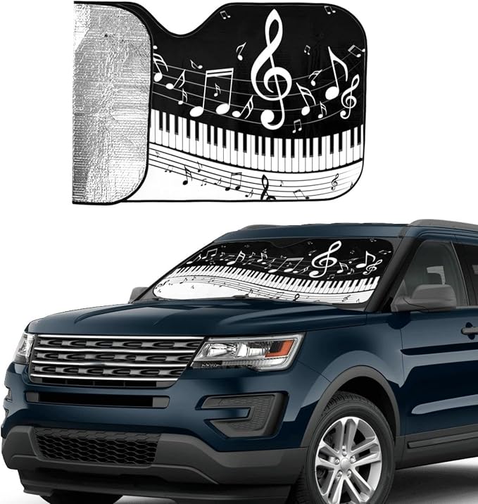 Black White Music Car Windshield Sunshade Front Window Sun Visor Protector - Image 4