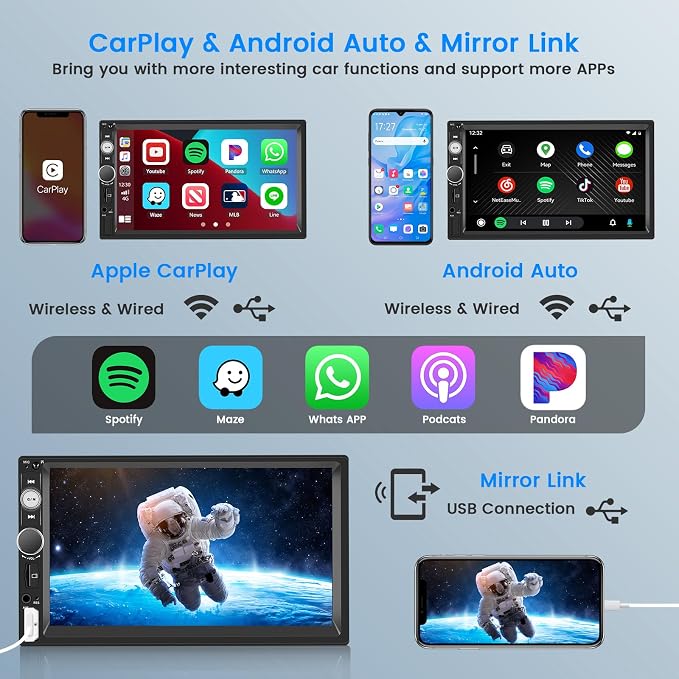 Car Stereo Double Din Wireless Carplay Android Auto, 7 Inch Touchscreen Car - Image 2