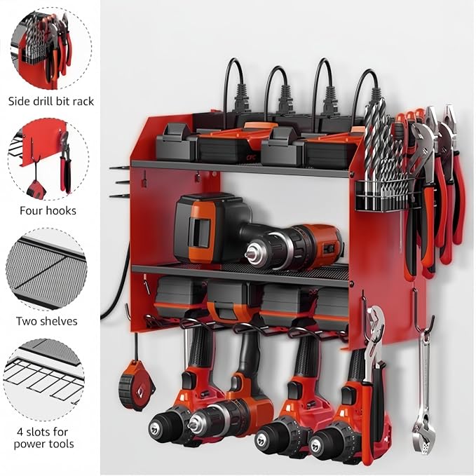 Power Tool Storage Rack, Garage Wall Mount Tool Rack, 4 Drill Bit Holders - Image 3