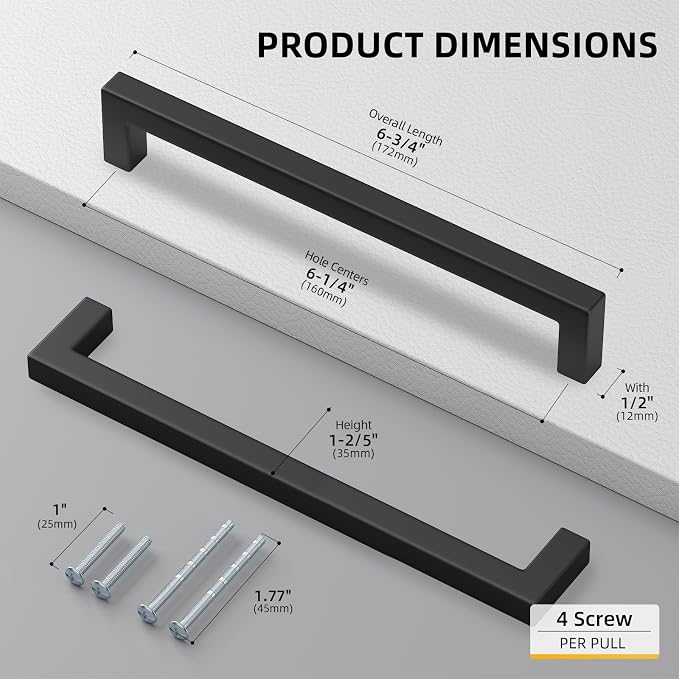 goldenwarm 35 Pack 6-1/4INCH Black Square Bar Cabinet Pull Drawer Handle - Image 2