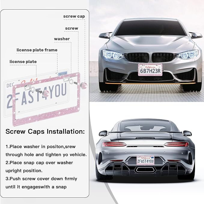2 Pack License Plate Frames for Women, Sparkly Rhinestone Diamond Car - Image 2