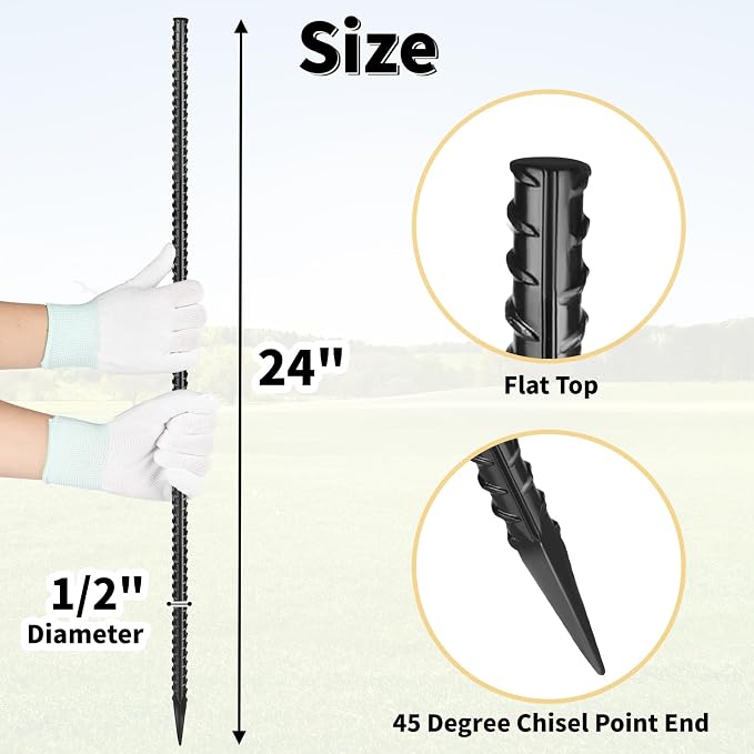 24 Inches Straight Rebar Stakes, 1/2" Diameter Steel Metal Stakes - Image 2
