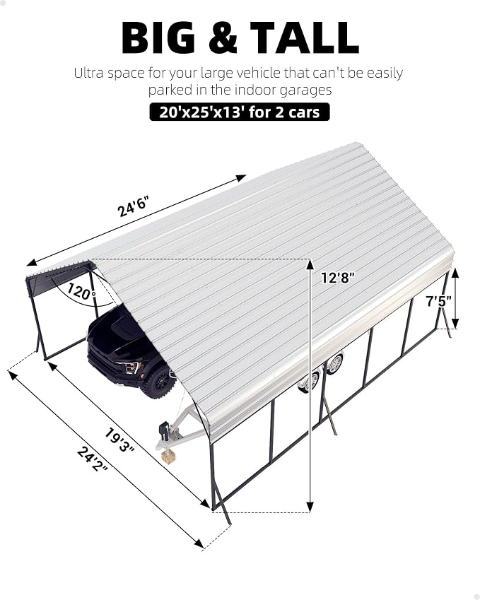 20'x25'x13' Metal Carport for 2 Cars, Extra Tall Car Port, Reinforced Frame and - Image 6