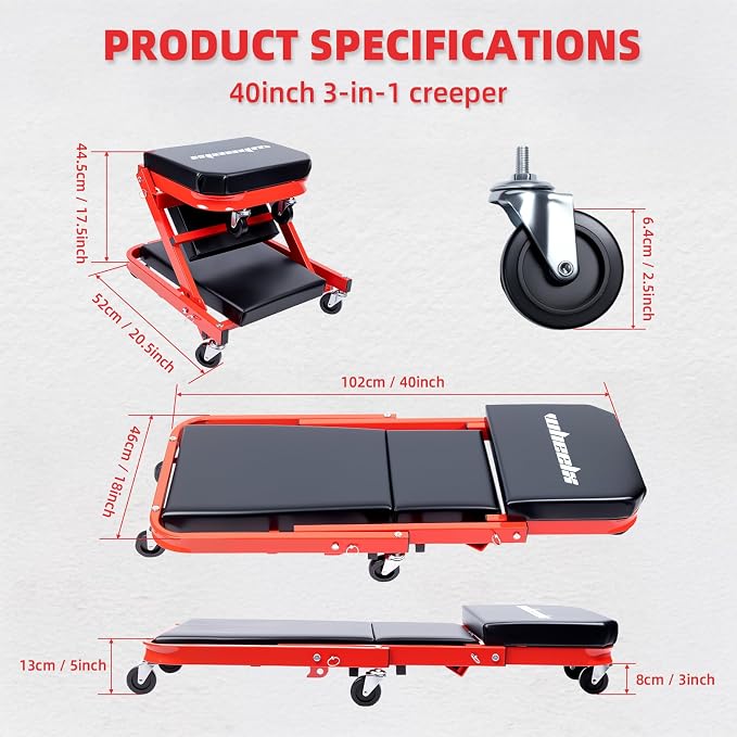 Mechanic Creeper 40inches 3-in-1 Z Seat 480lbs Capacity, Foldable Garage Chair - Image 3