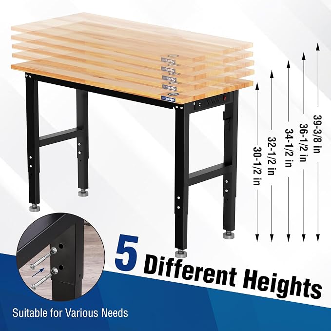 WORKPRO Adjustable Garage Workbench, Leveling Foot, 5 Heights, 1500 LBS Load - Image 3