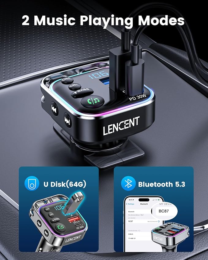 LENCENT Bluetooth 5.3 FM Transmitter Car Adapter 48W Fast Charger, Light Switch - Image 7