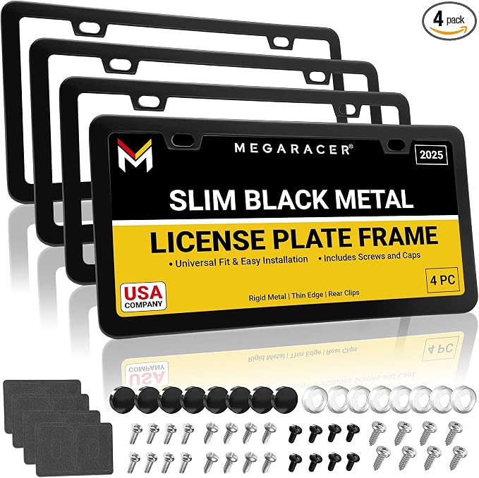 Premium Slim Matte Black License Plate Frames – Best Value 4 Pack, Rust-Free by MegaRacer