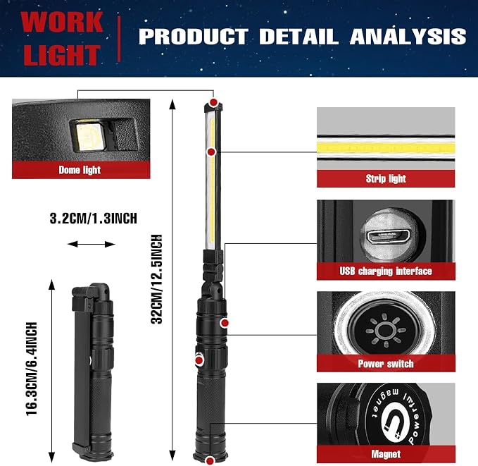 Rechargeable Work Light, 360° Rotate Design, Magnetic LED Work Light Foldable - Image 3