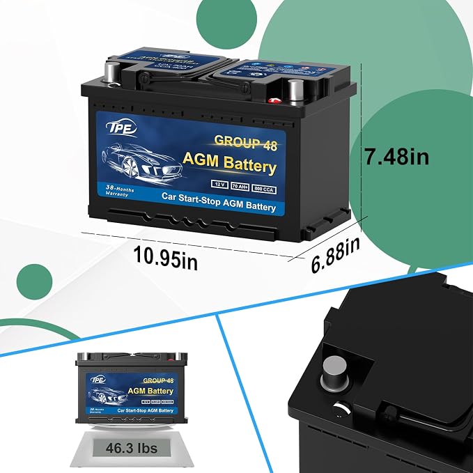 TPE AGM Battery BCI Group 48, Maintenance Free 12V 70Ah, H6 Size, Automotive - Image 2