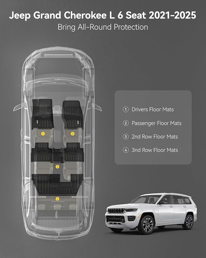 3W Floor Mats Fit for Jeep Grand Cherokee L 7 Seat 2021-2025 All Weather TPE - Image 2