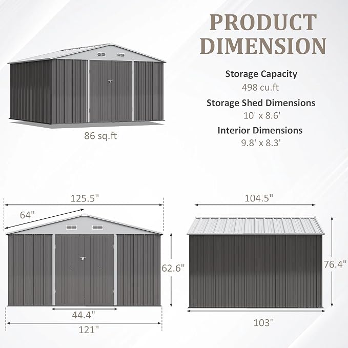Greesum 10×8FT Outdoor Storage Shed, Metal Patio Storaged Sheds - Image 4