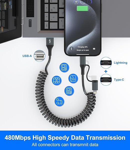 USB to USB C and Lightning Cable Support Apple Carplay & Android Auto - Image 5