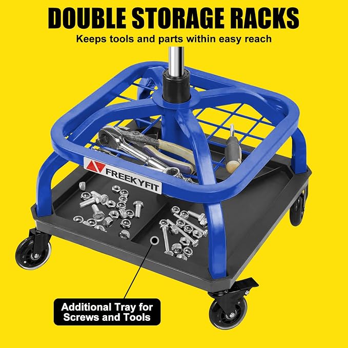 Rolling Shop Stool with Wheels, Garage Work Mechanic Stool with Backrest - Image 2