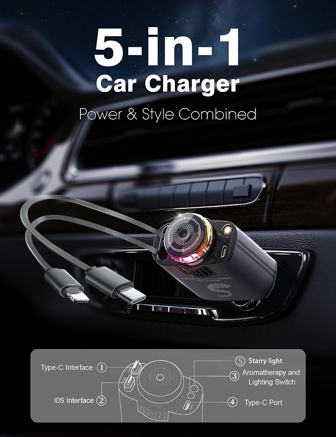 Retractable Car Charger USB C Fast Charging 120W, Car Accessories Cigarette - Image 2