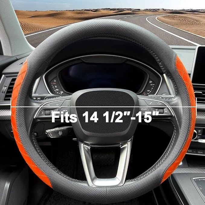 LKWLIKEI Nappa Leather Steering Wheel Cover, Diamond Checkered Design, Non-Slip - Image 4