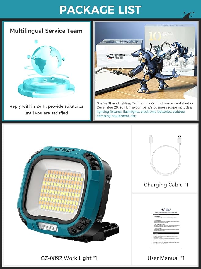 Smiling Shark Working Light, LED Work Light 4000 Lumen 18 Light Mode USB - Image 6