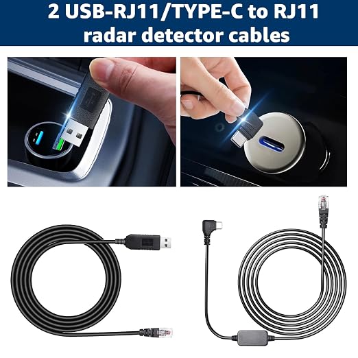 USB-C to RJ11 & USB to RJ11 Radar Detector Cables, 6.56Ft Each, Compatible - Image 2