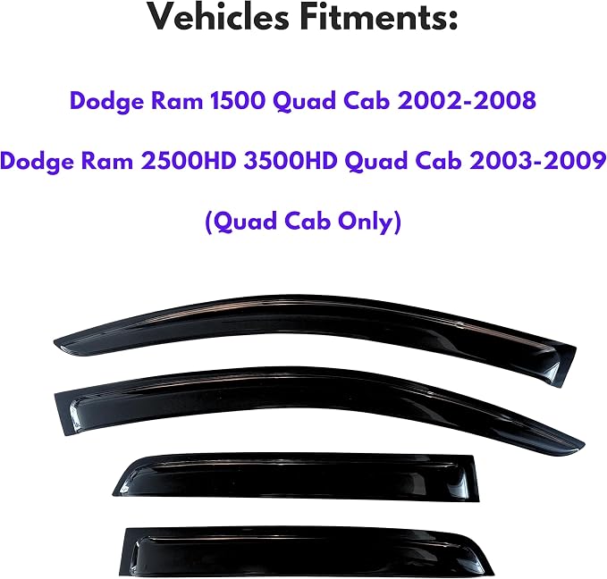 KPY Window Visor Rain Guard for 2002-2008 Dodge Ram 1500 Quad Cab, Tape-On - Image 2
