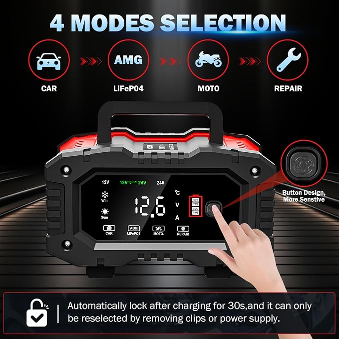 20-Amp Car Battery Charger, 12V/20A and 24V/10A LiFePO4, Lead-Acid Automatic - Image 4