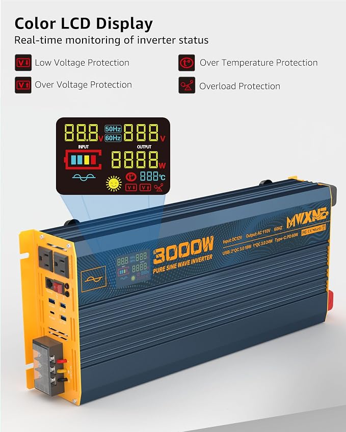 3000W Pure Sine Wave Power Inverter DC 12V to 110V 120V - Image 3