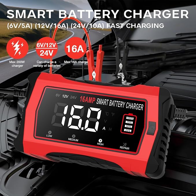 16-Amp Battery Charger, 6V/12V/24V Smart Car Battery Charger, Automotive - Image 3