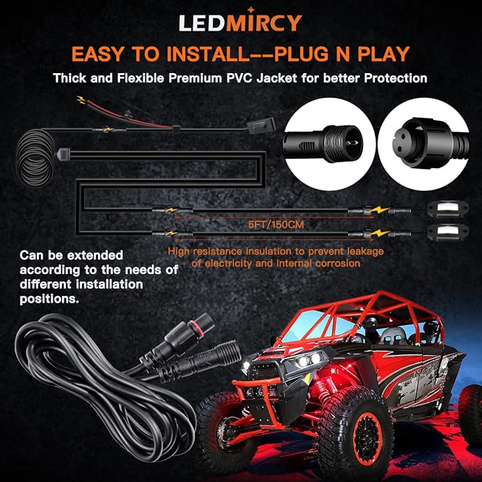 LED Rock Lights Extension Cable Wire Cord 2Pin Waterproof 4PCS 5ft 22AWG - Image 5