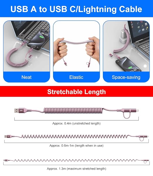 USB to USB C and Lightning Pink Car Charger Cable - Image 7