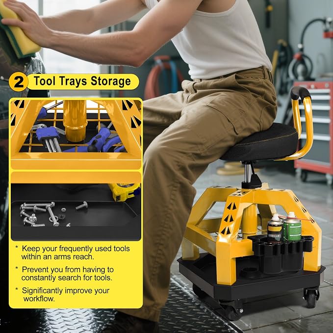 Rolling Shop Stool with Wheels, Heavy Duty Garage Work Mechanic Stool with - Image 6
